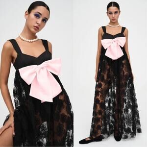 For Love & Lemons Leah Bow Detail Lace Sheer Black Maxi Dress Size S